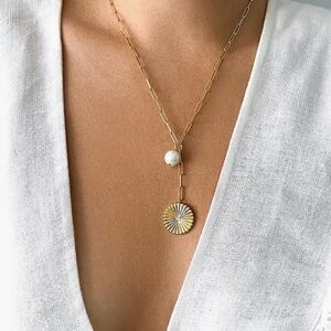NWT 14K Adornia Gold Chain Necklace with Pearl and Disc Pendant